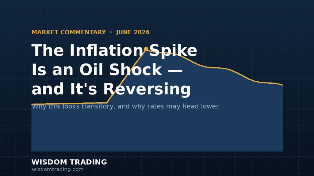 Chart of a crude oil price spike from the 2026 Iran war fading back down — Wisdom Trading market commentary on transitory inflation