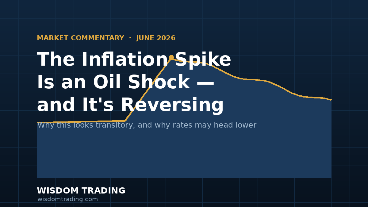 Chart of a crude oil price spike from the 2026 Iran war fading back down — Wisdom Trading market commentary on transitory inflation