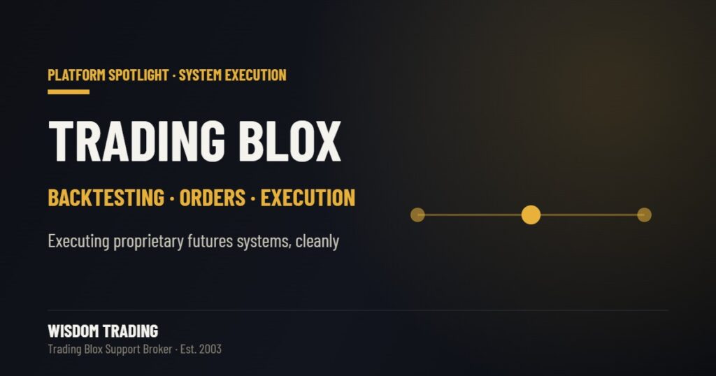 Trading Blox backtesting and order generation, executed by Wisdom Trading, a Trading Blox Support broker