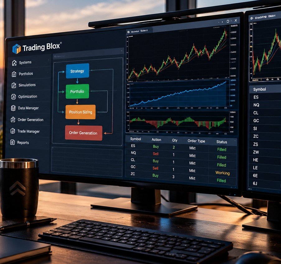 Professional futures trading workstation displaying portfolio and market charts